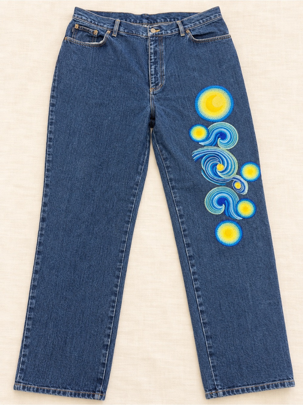 Ralph Lauren Darker Blue Straight-Leg Jeans with Yellow & Turquoise Embroidery